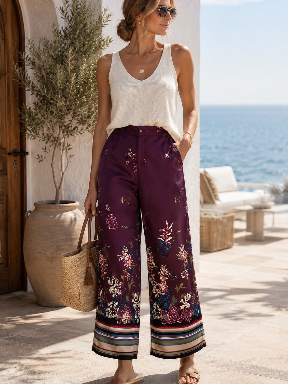 Kaari Blue Floral Wide Leg Pants Silky Feel Border Print Size 8 Boho Coastal